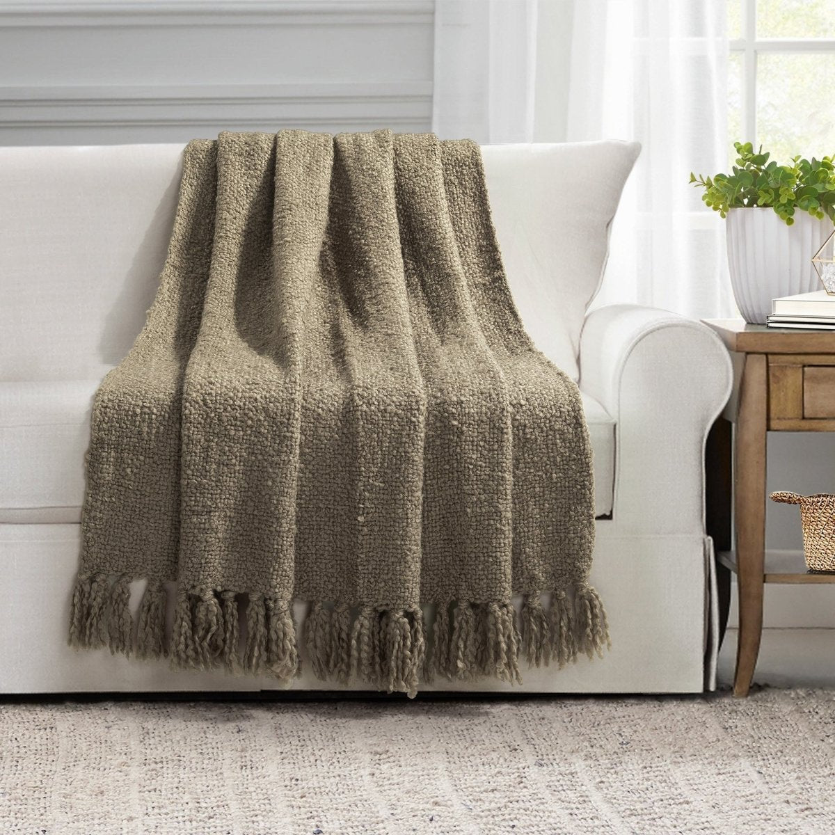 Tulum Boucle Textured Woven Fringed Throw Blanket | Lush Decor