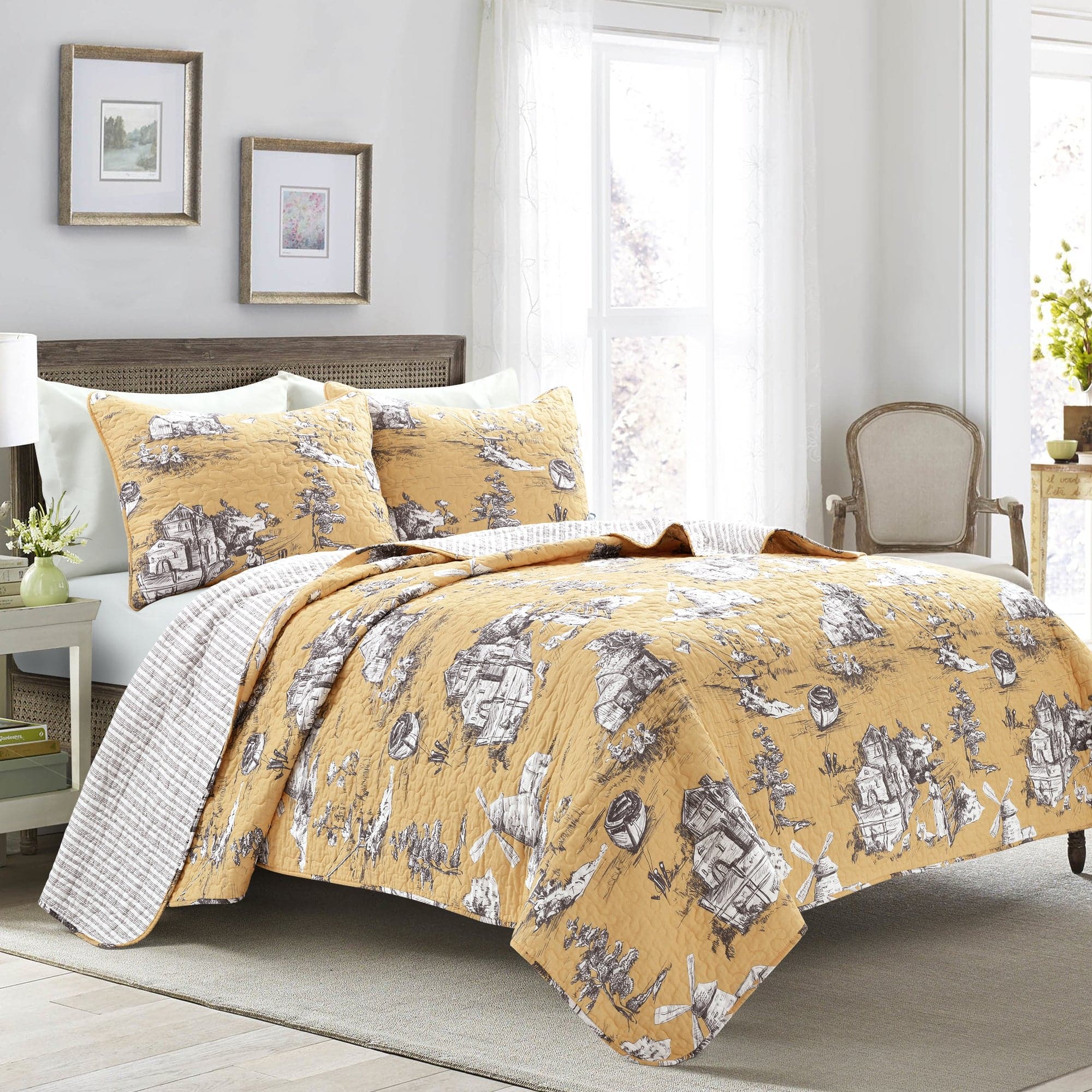 French Country Toile 3 Piece Quilt Set, Lush Decor
