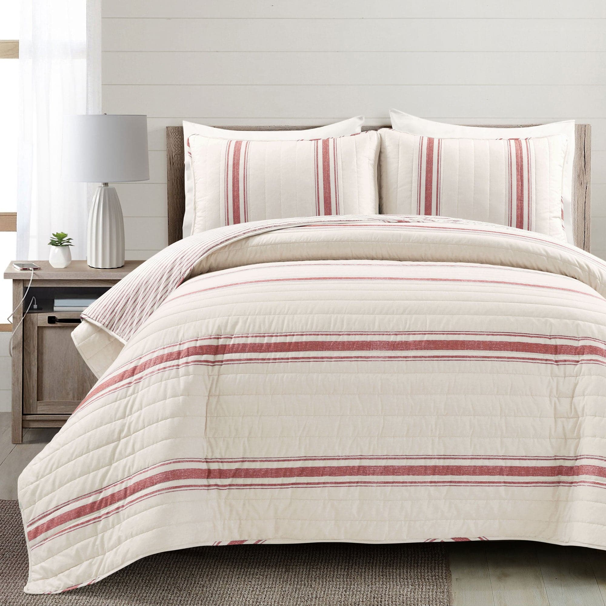 Lush Decor Farmhouse Stripe Comforter Red Set Full/Queen
