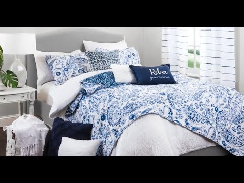Bedding Bundle: Farmhouse Stripe Comforter Set + Solid Kantha Pick Stitch Quilt/Coverlet Set - Full/Queen