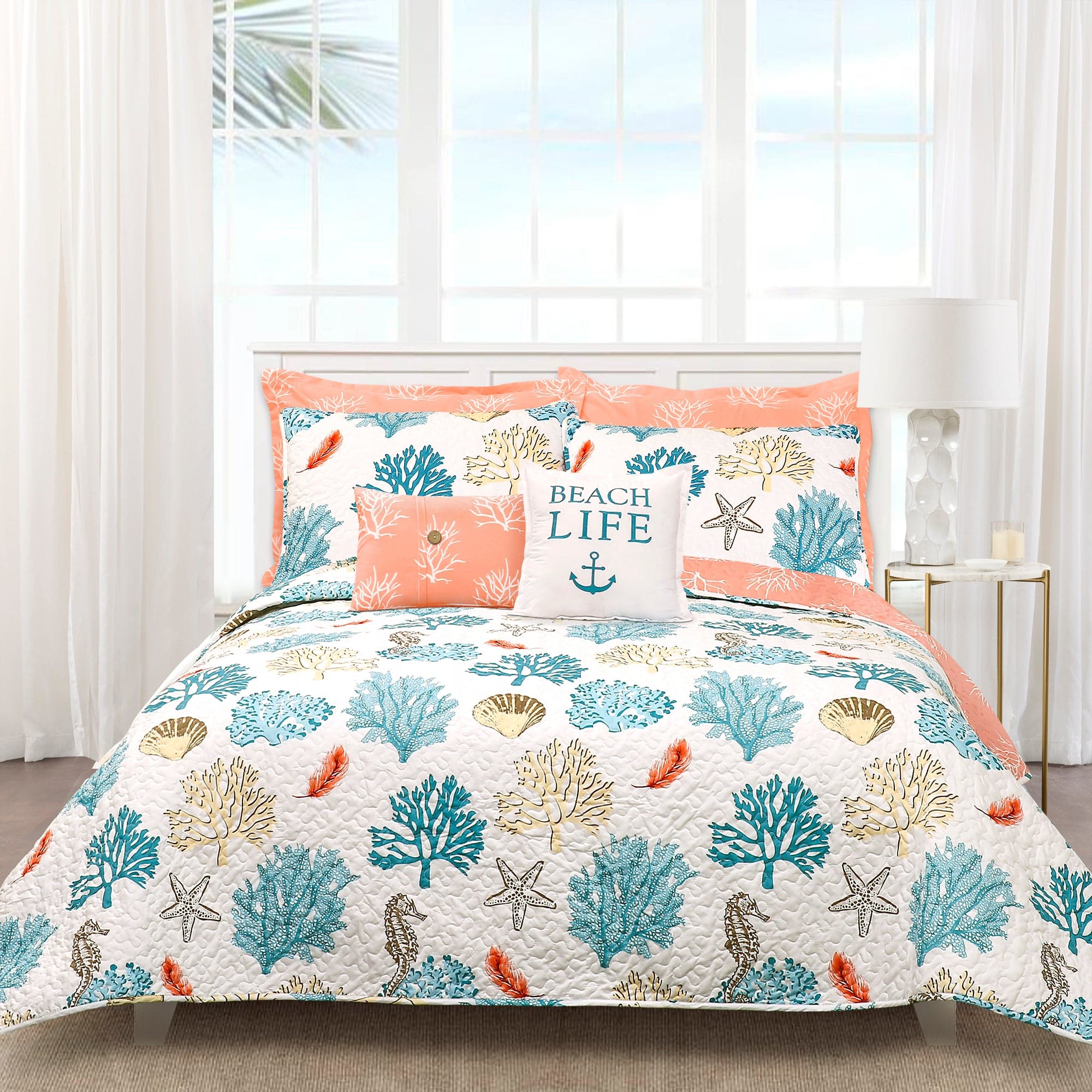 Coastal Reef Feather Reversible Quilt Set - Full/Queen / Blue_Coral