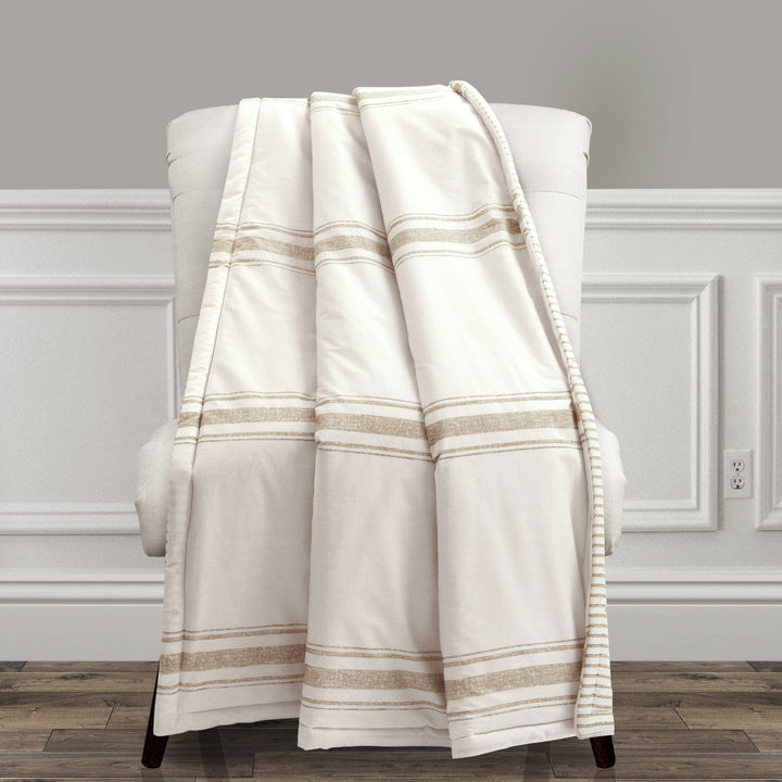 Linen Texture Button Pillow + Farmhouse Stripe Throw Bundle