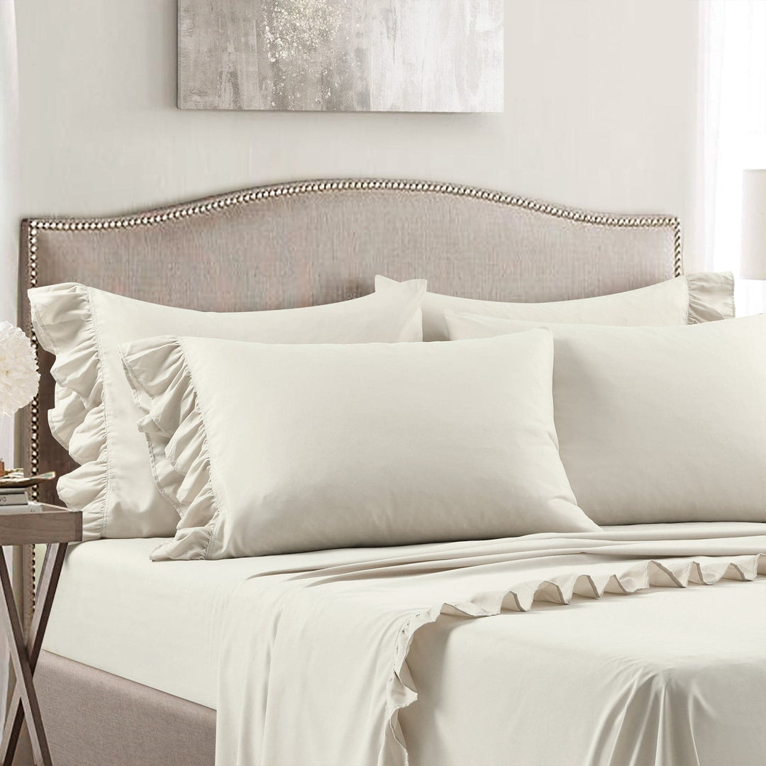 Bedding Bundle: Reyna Ruffle Sheets + Ticking Stripe Bedspread + Avon Comforter