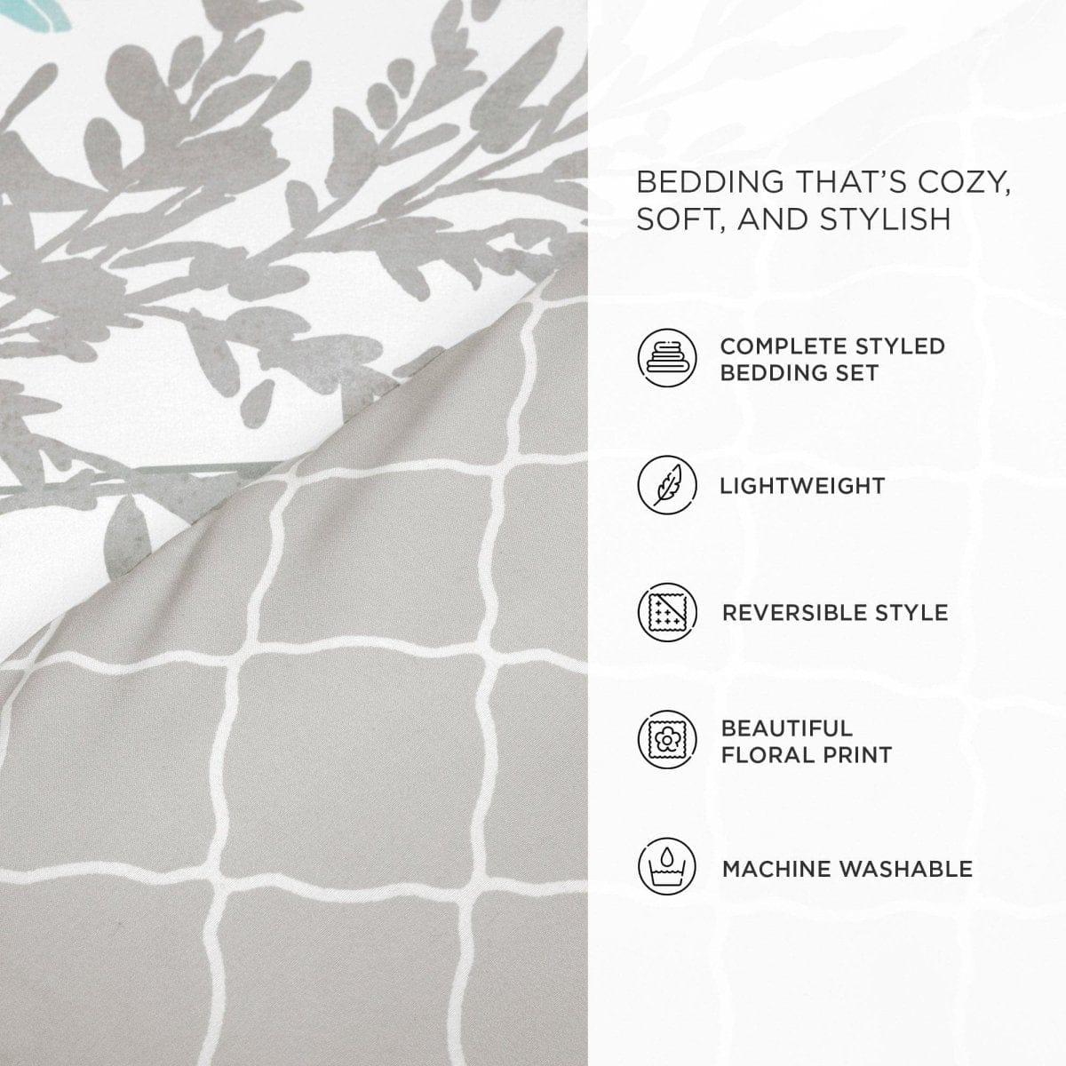 4-Piece Modern Chic Comforter Set - Grey, Yellow & White Floral Texture