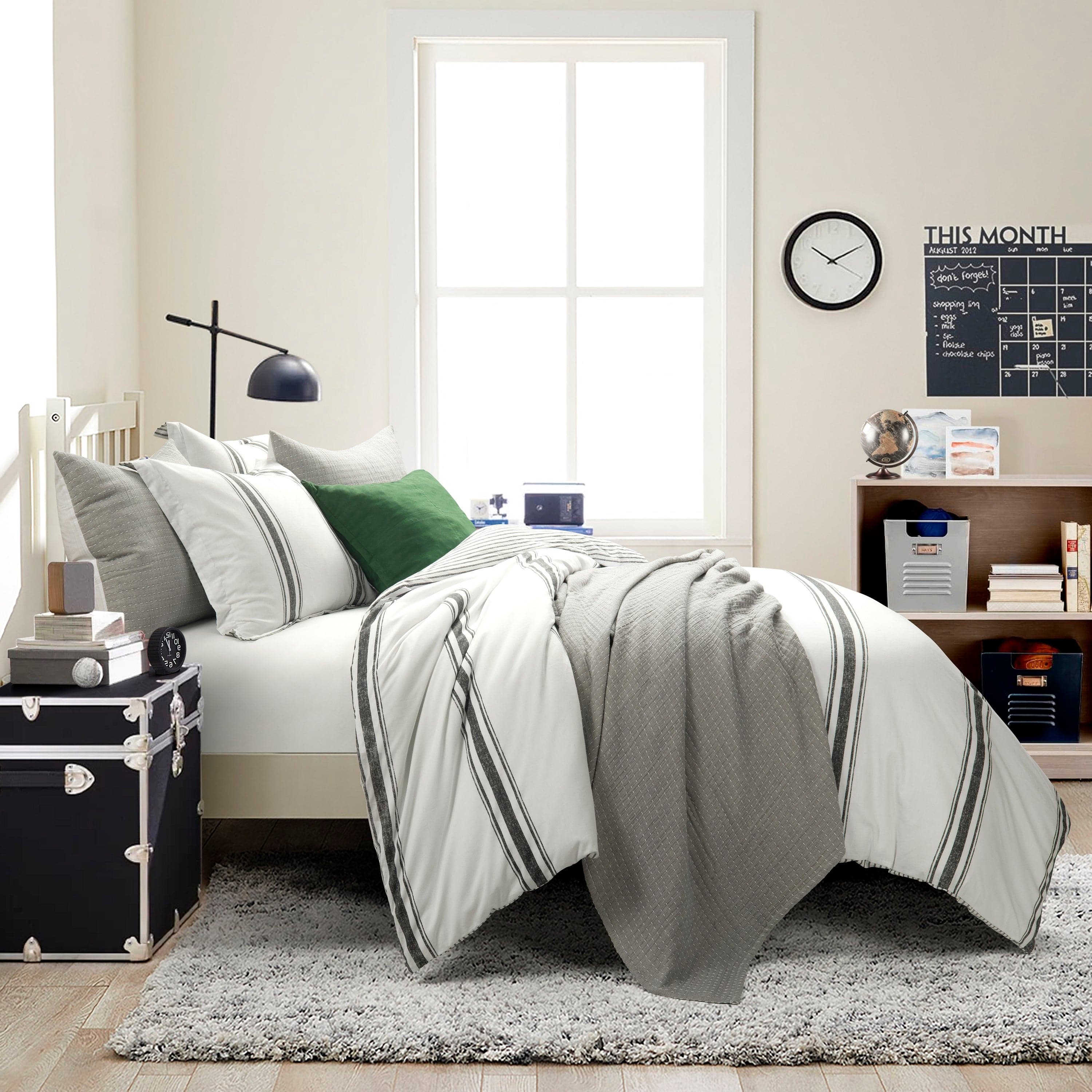 Bedding Bundle: Farmhouse Stripe Comforter Set + Solid Kantha Pick Stitch Quilt/Coverlet Set - Full/Queen
