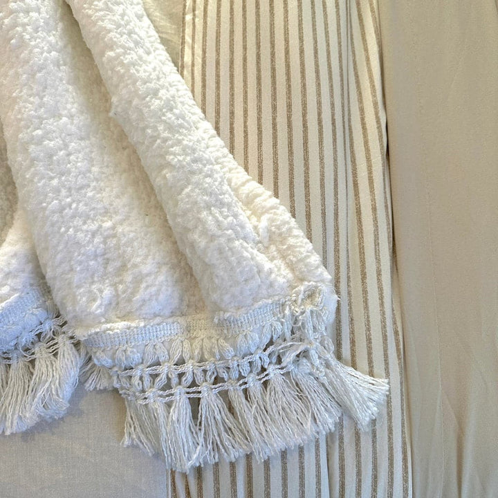 The Angela Bundle: Farmhouse Stripe Comforter + Sherpa Tassel Throw + Adelyn Pillow Cover