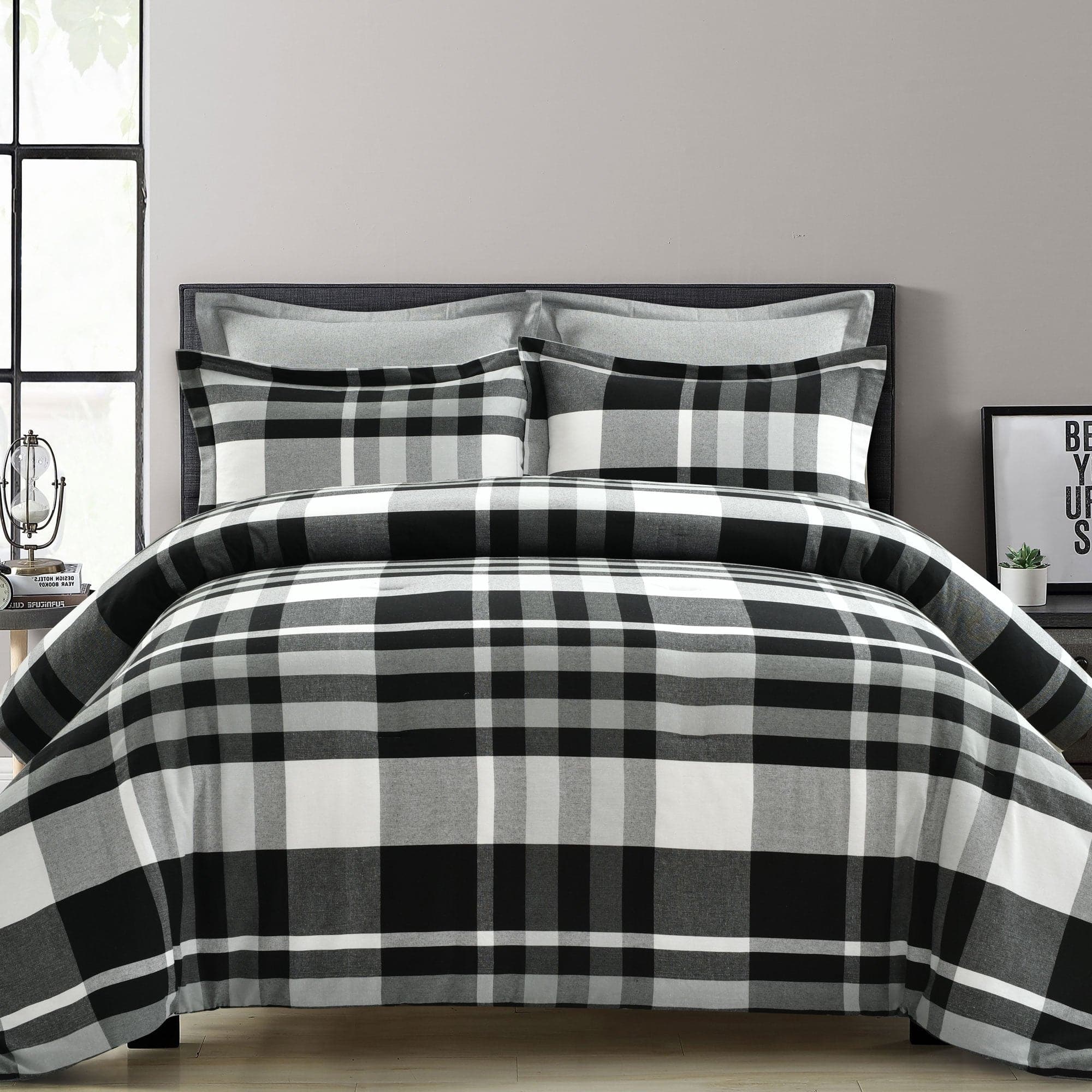 Georgia Yarn Dyed Clip Plaid Comforter and Sham Set Ivory/Dusty Blue / Full/Queen