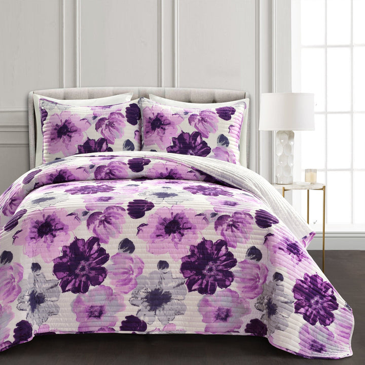 Emeraude 3 Piece Reversible Quilt Set Floral Print Cursive Script Design  Bedding Purple Queen, Queen - Foods Co.