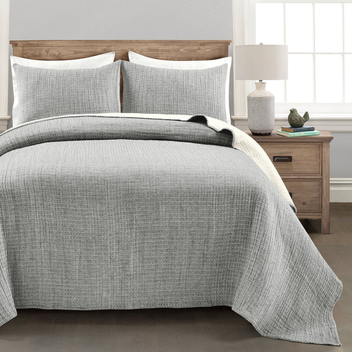 Bedding Bundle: Farmhouse Stripe Comforter Set + Solid Kantha Pick Stitch Quilt/Coverlet Set - King