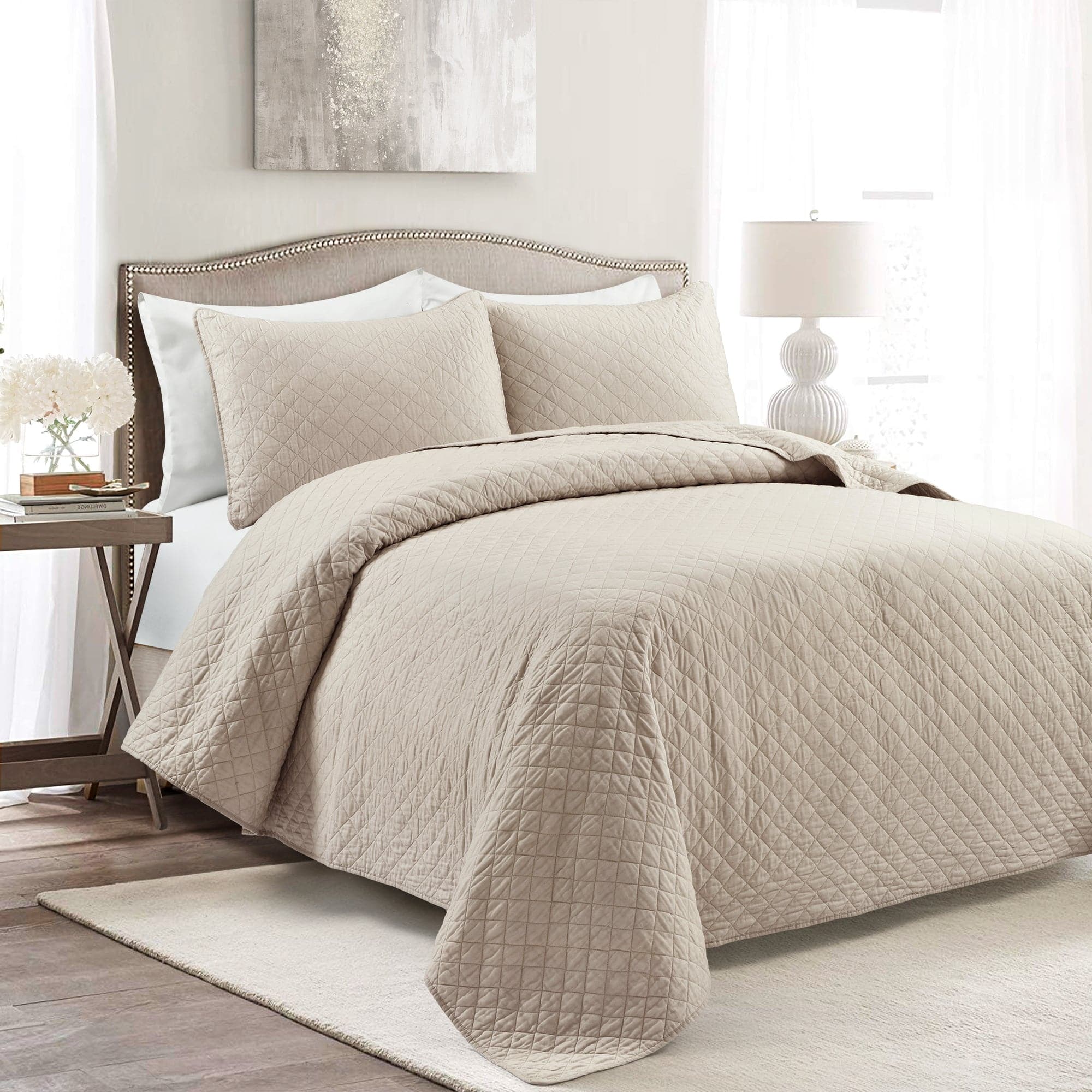 Bedding Bundle: Livia Flora Silver-Infused Comforter Set + Ava Diamond Quilt Set