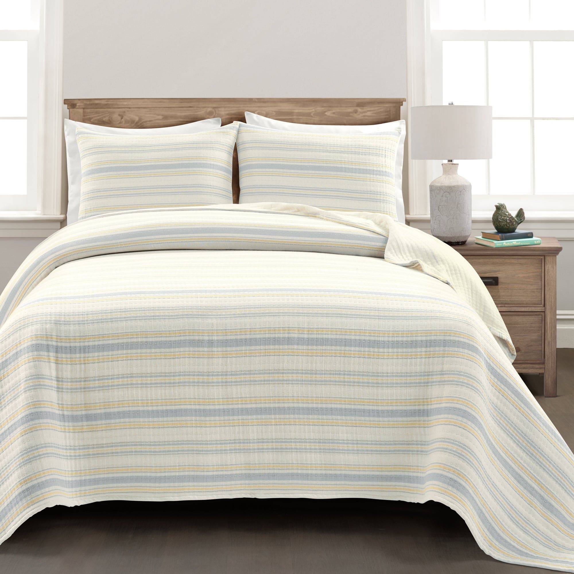 Bedding Bundle:  Solange Stripe Quilt/Coverlet Set + Ravello Pintuck Comforter Set
