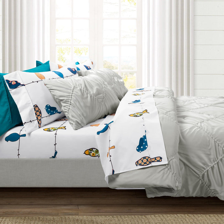 Bedding Bundle: Rowley Birds Sheet Set + Ruched Chevron Comforter Set