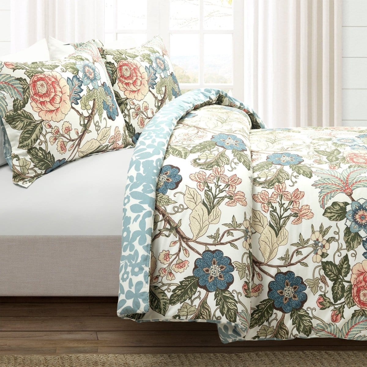 Lush Decor Sydney Set Copripiumino Reversibile In Cotone 3 Pezzi - Verde E Blu - Stile Floreale Country
