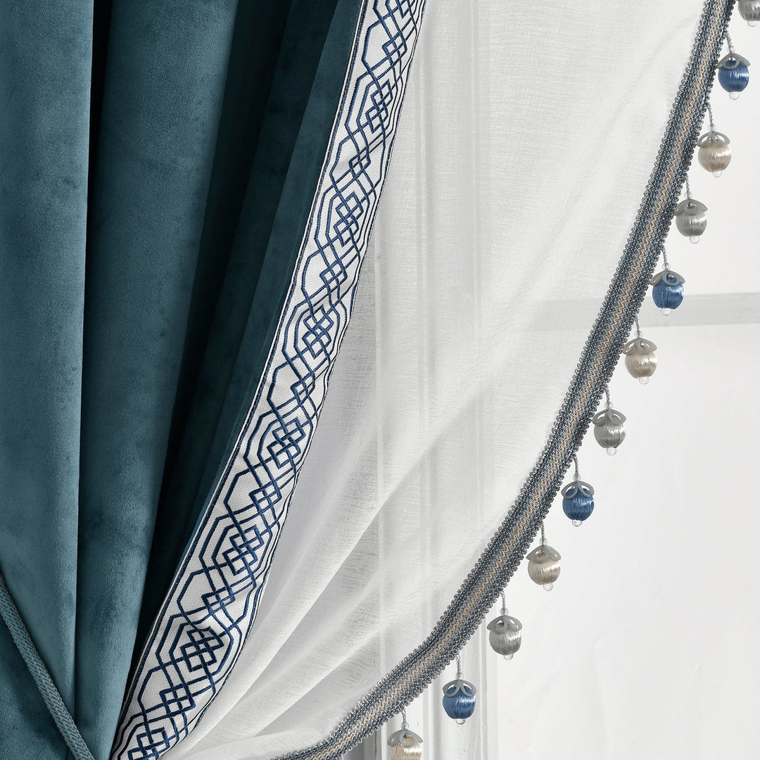 Lush Decor Luxury Vintage Velvet and Sheer with Border Pompom Trim Window Curtain Panel Blue Single 42x84
