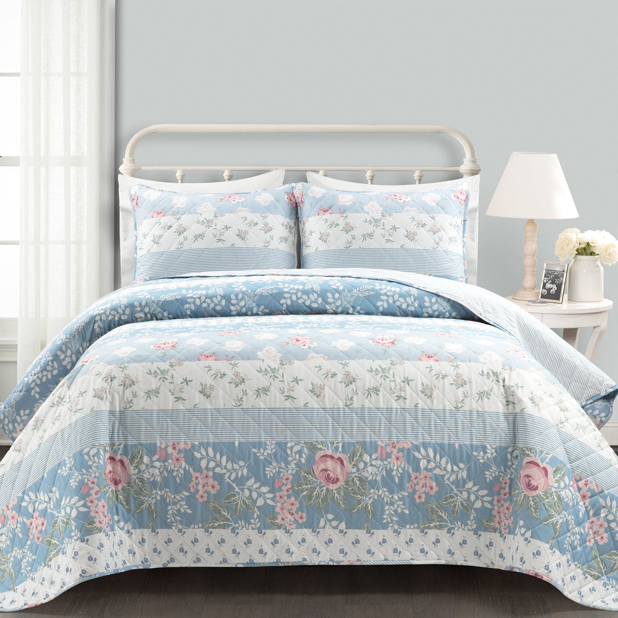 Bedding Bundle: Flower Stripe Quilt Set + Solid Kantha Coverlet Set + Reyna Knit Blanket