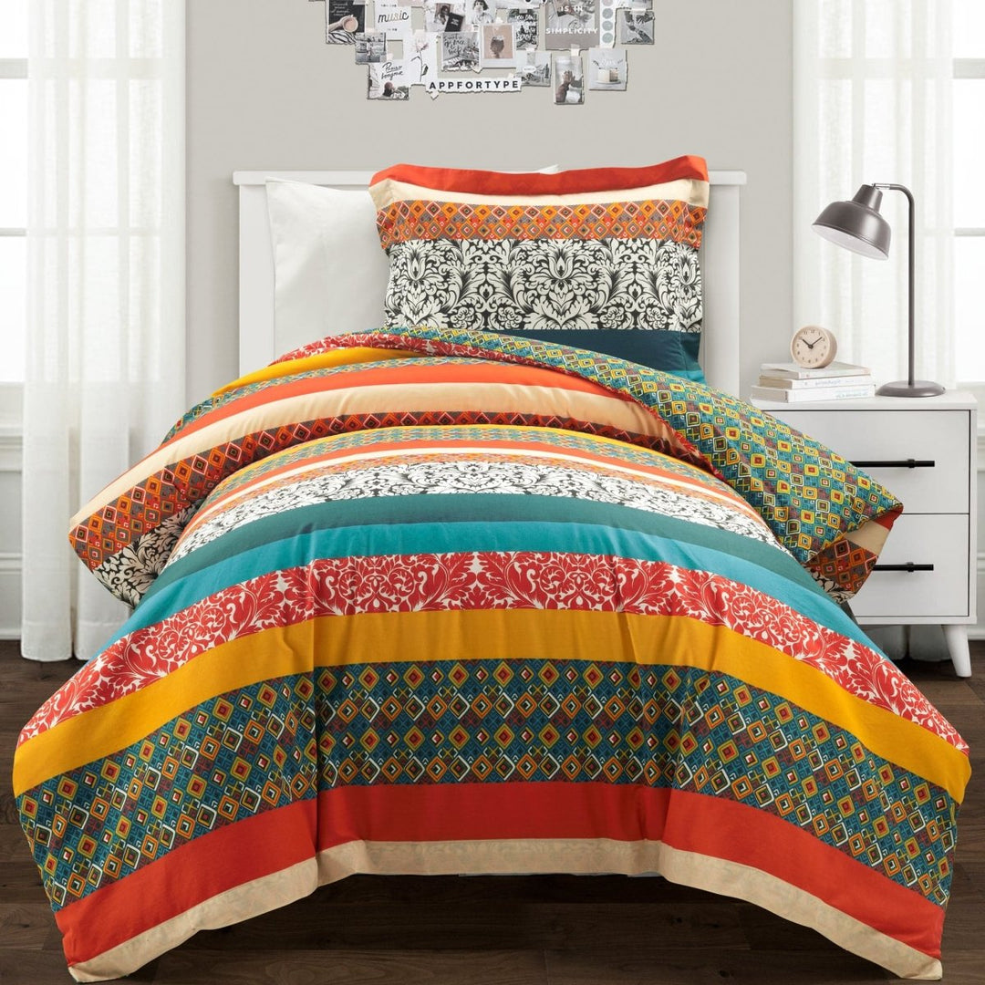 Wende-Bettbezug aus Baumwolle im Boho-Stil, gestreift, 3-teiliges Set