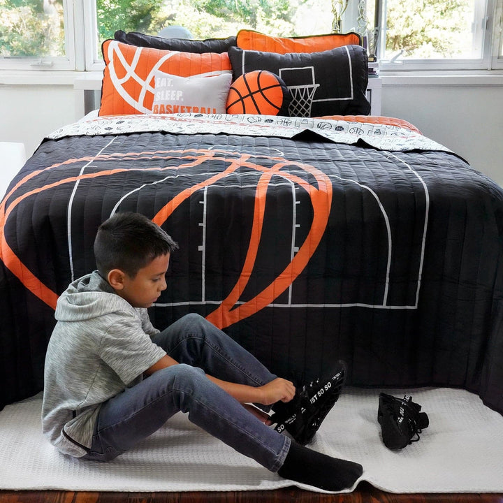 Bedding Bundle: Basketball Game Quilt Set + Soft Stripe Coverlet Set