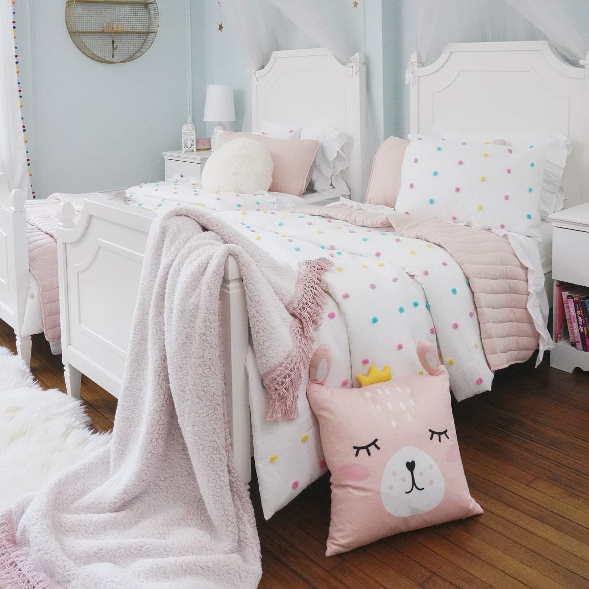 Bedding Bundle: Rainbow Tufted Dot Comforter Set + Soft Stripe Coverlet Set