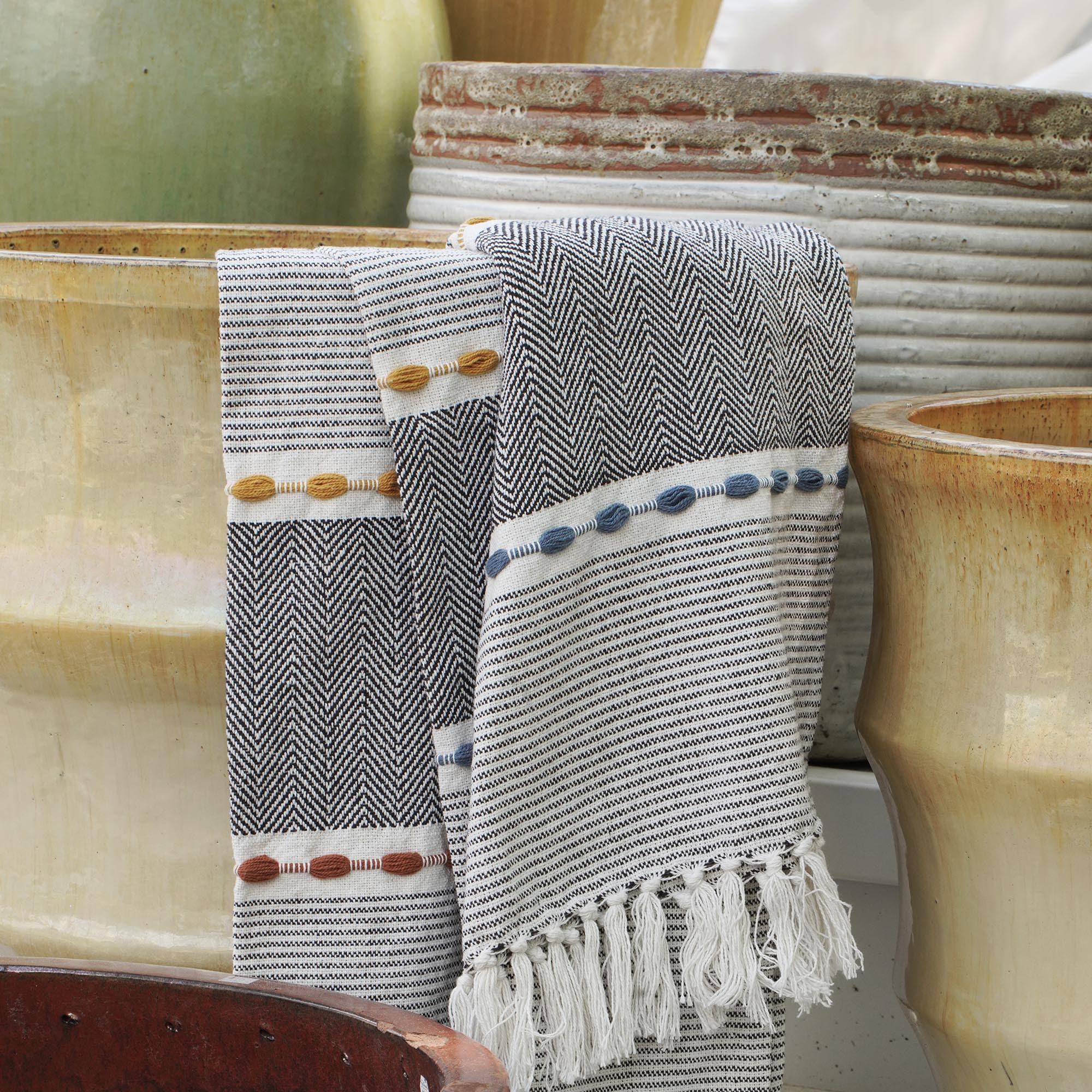 Herringbone Stripe Yarn Dyed Cotton Woven Tassel Throw | Lush