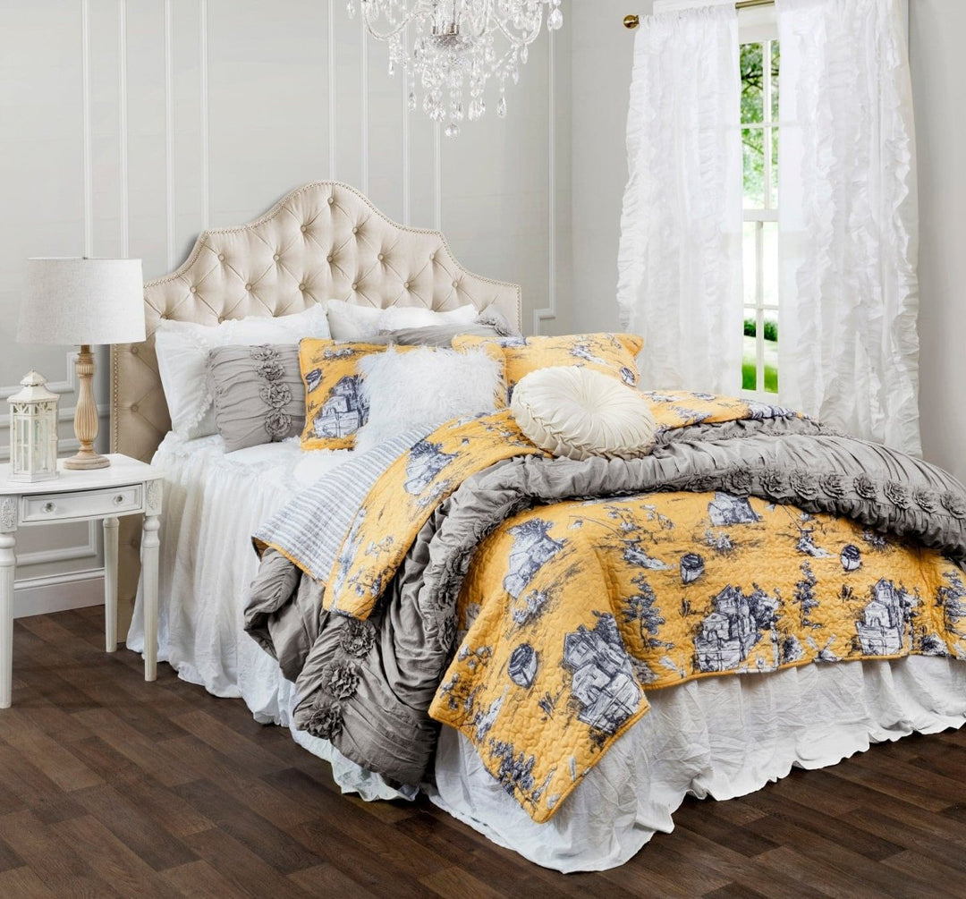 Lush Decor French Country Toile Cotton Reversible Quilt Yellow/GRAY 3Pc Set King